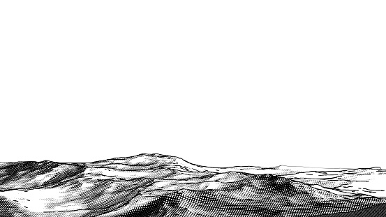 Abstract monochrome engraved drawing rough rocky sand ground vintage woodcut style foreground landscape isolated on white blank space background