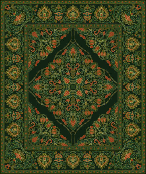 Oriental green carpet with pomegranate. vector art illustration