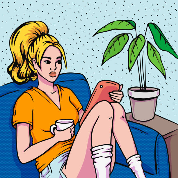 ilustrações, clipart, desenhos animados e ícones de mulher sentada no sofá com uma xícara de coffe e tablet pc ilustração vetor em pop art estilo quadrinho retrô - relaxation working humor sofa