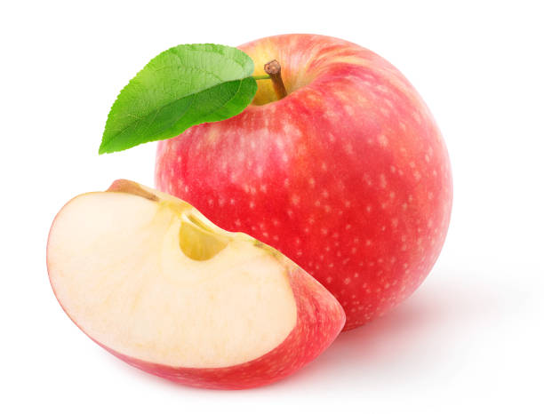 One whole red apple and a piece isolated on white