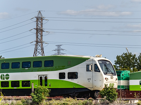 Toronto Canada; a Bombardier BiLevel GO Transit train cab car at the head arriving in the marshaling yards at Union Station in Toronto