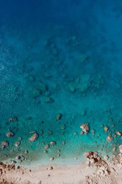 Aerial view of clear turquoise sea, waves and beach. Antalya, Turkey. Taken via drone.