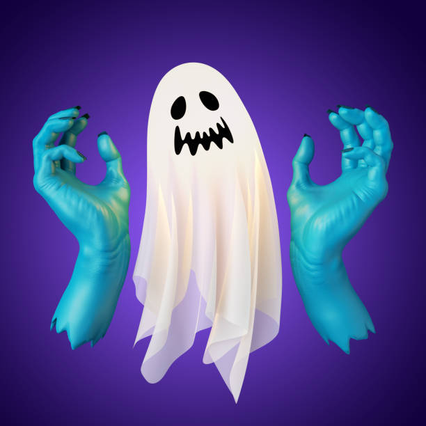 istock 3d render, spooky white ghost character with blue zombie hands, halloween clip art isolated on violet background 1278842497