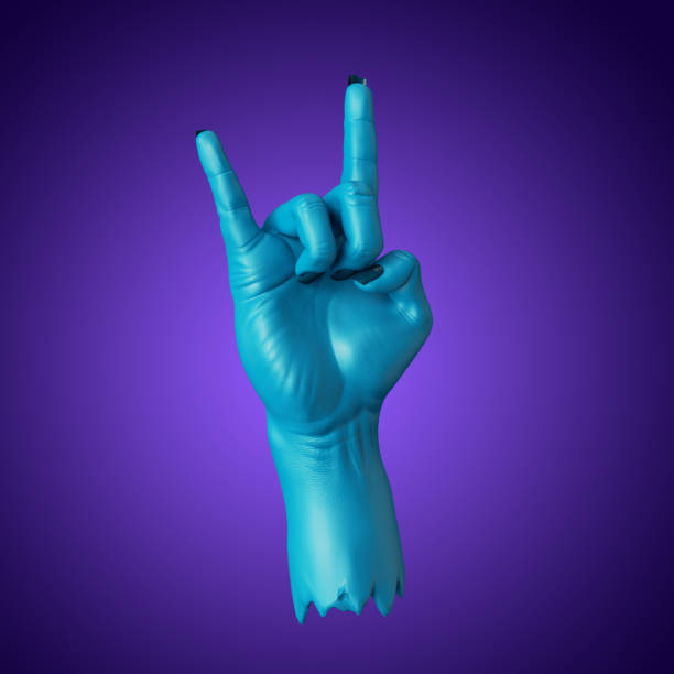 istock 3d render, blue zombie hand rock gesture, Halloween clip art isolated on violet background 1278842502