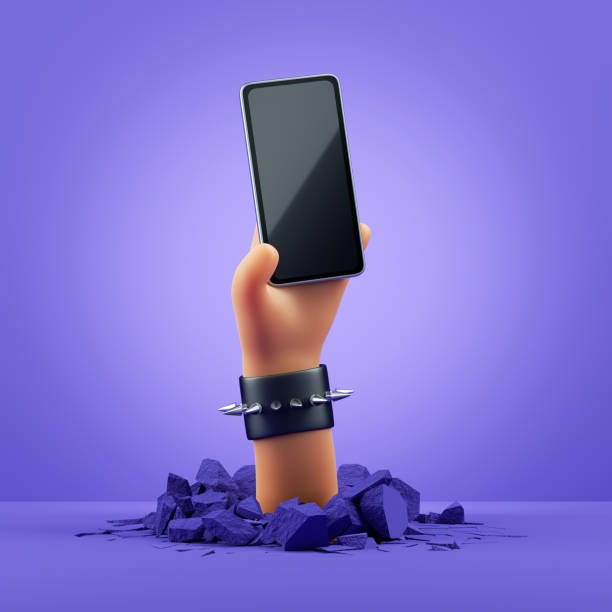 3d render, mano de personaje de dibujos animados sostiene el teléfono inteligente con pantalla en blanco, maqueta de cartel comercial. clip art aislado sobre fondo violeta - mensaje de móvil ilustraciones fotografías e imágenes de stock