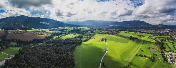 Panorama over Bad Tölz and Isartal into the Karwendel stock photo