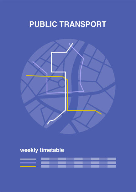 ein öpnv-fahrplan-mockup, ein stadtplan mit buslinien und deren fahrplan - road direction street car stock-grafiken, -clipart, -cartoons und -symbole
