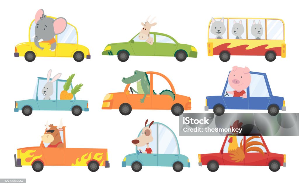 Colored Set Of Kids Transport With Cute Little Animals Driving Car  Collection Cartoon Animal Driver Pets Vehicle And Happy In Funny Cars  Transportation Animals Character Travel In Cars Stock Illustration -  Download
