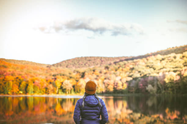Young Woman in Autumn Landscape. Serene young woman alone in nature surrounded by beautiful autumn colors. hudson valley stock pictures, royalty-free photos & images