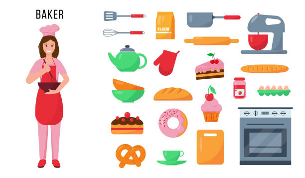 ilustrações de stock, clip art, desenhos animados e ícones de baker and set of kitchen tools and products - bakery women cake cupcake
