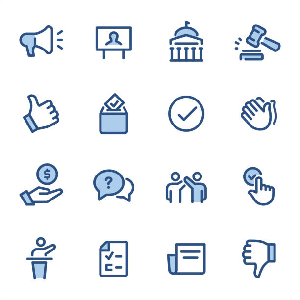 ilustrações de stock, clip art, desenhos animados e ícones de politics  - pixel perfect blue line icons - interface icons election voting usa