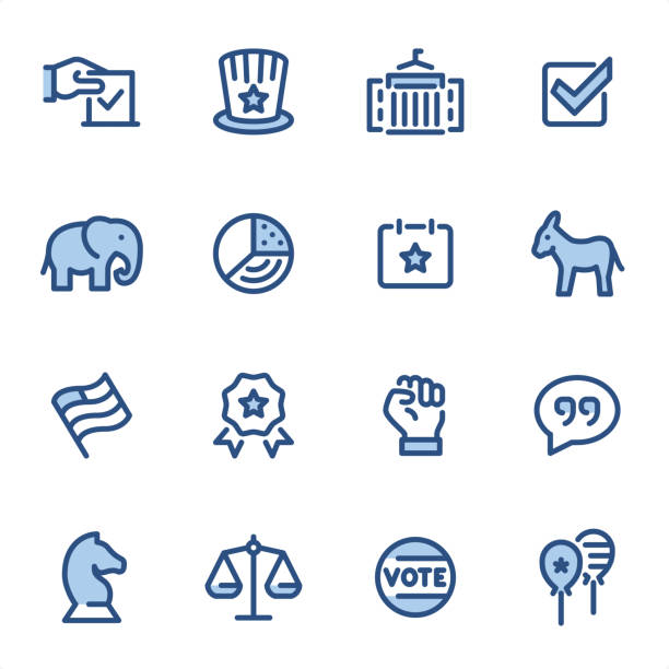 USA Politics - Pixel Perfect blue line icons USA Politics icons set #30
Specification: 16 icons, 36x36 pх, stroke weight 2 px
Features: Pixel Perfect, Dichromatic, Single line 

First row of icons contains:
Voting, Uncle Sam Hat, White House, Check Mark in Checkbox;

Second row contains:
Republican Party, Pie Chart, Election Date, Democratic Party;

Third row contains:
American Flag, Award, Protest, Discussion; 

Fourth row contains:
Strategy, Balance, Label Vote, Balloon.

Complete BLUE MICO collection - https://www.istockphoto.com/collaboration/boards/Y8ZYtc2sY0qNQVGRttlncQ democratic party usa stock illustrations