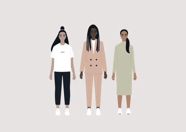 Vector illustration of People of color, a diverse group of female characters wearing different outfits: casual, business and elegant