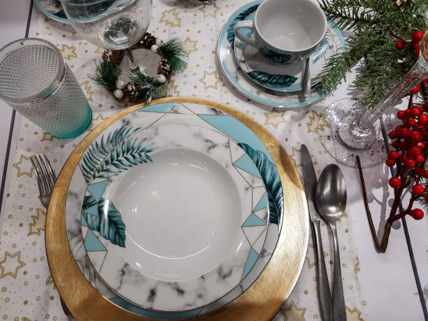 istock Top view of christmas table setting 1278857590