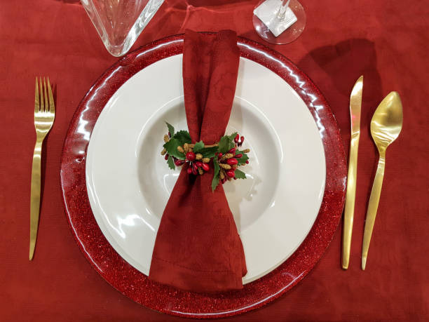 istock Top view of Christmas table setting 1278857594