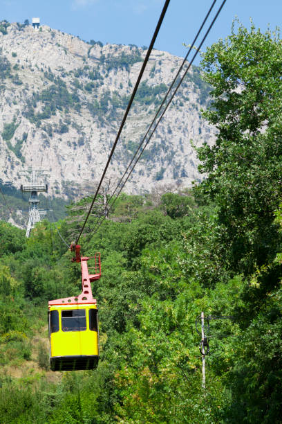 istock yellow cabin moves up cable car over cliffs 1278858369