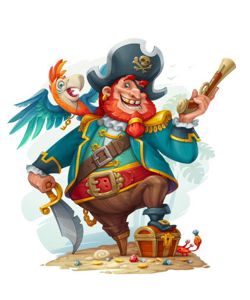 Pirate Vector Illustration of a Cartoon Pirate with a Crazy Parrot Sitting on His Shoulder. pirate criminal illustrations stock illustrations