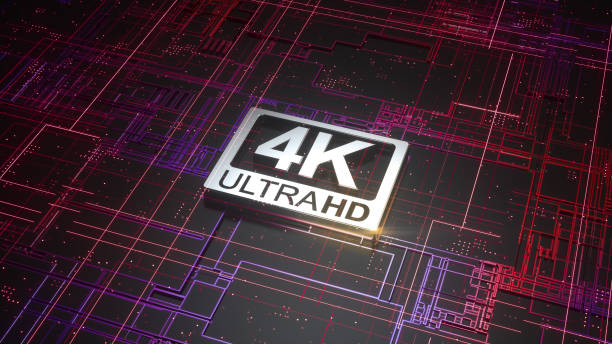 istock 4K ultra hd symbol on abstract electronic circuit board. Television technology concept of ultra high definition sign on digital background with many lines and geometric elements. 3d rendering 1278861724