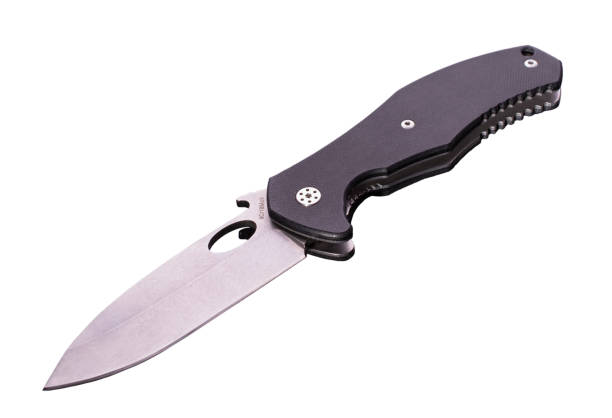 istock open folding pocket knife with textured black composite plastic cover plates on steel handle isolated on white background. 1278861773