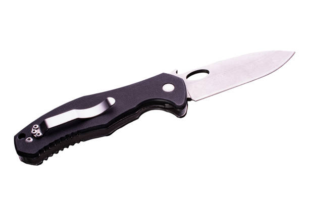 istock open folding pocket knife with textured black composite plastic cover plates on steel handle isolated on white background. 1278861777