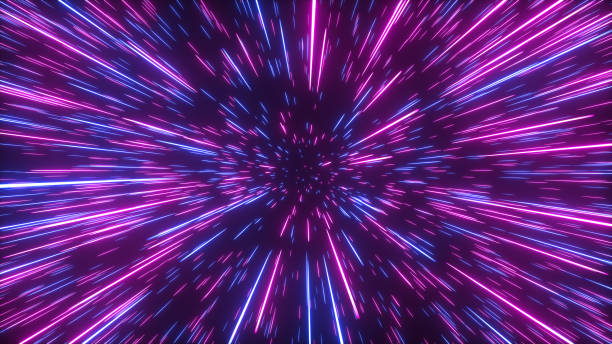 istock Abstract bright creative cosmic background. Hyper jump into another galaxy. Speed of light, neon glowing rays in motion. Beautiful fireworks, colorful explosion, big bang. Falling stars. 3d rendering 1278862456