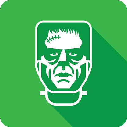 Vector illustration of a green Frankenstein's monster's face icon in flat style.