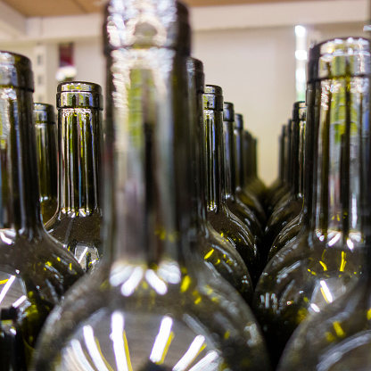 blurry view rows of dark glass bottles for wine, winemaking concept. copy space. background.
