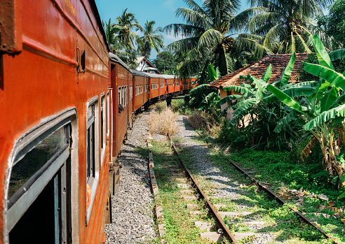 Scenery railway road from  Colombo to Matara. The train goes by jungles, local villages.. Sri Lanka, December 2017