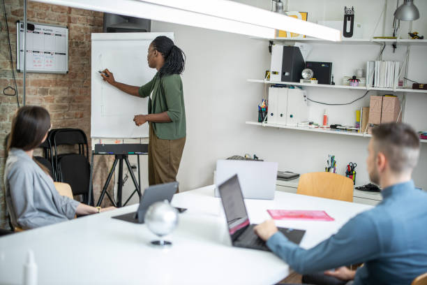 istock Young female african manager explaining business plan to her team on presentation in conference room 1278871757