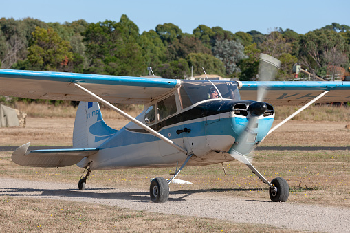 Tyabb, Australia - March 9, 2014: Vintage 1952 Cessna 170B single engine light aircraft VH-FTC taxiing at Tyabb Airport.
