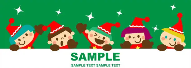 Vector illustration of Happy cute boys and girls children wearing Santa Claus clothes behind blank sign; Merry Christmas and New Year Greeting