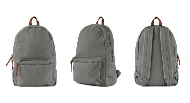 Grey backpack on isolated background Grey backpack on isolated background, bag front and side view leather clasp stock pictures, royalty-free photos & images