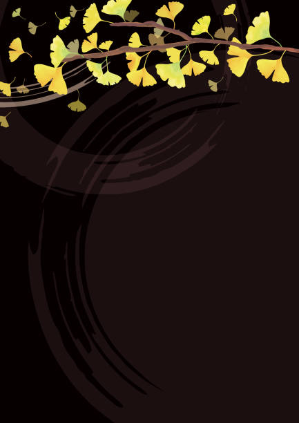 materiał tła w stylu japońskim. japoński odcień lakieru. ginkgo oddziałów. dekoracja u góry. czarne tło (pionowo długie) - ginkgo ginkgo tree leaf water stock illustrations