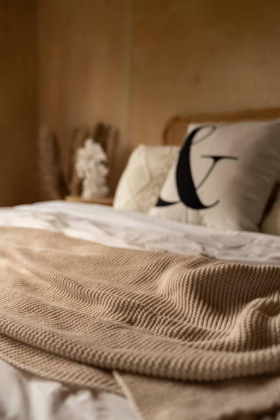 istock Close up ink fluffy bed runner  bed with rattan headboard bed and soft pillow & decoration with  with plywood wall on the background / cozy interior design / copy space 1278895081