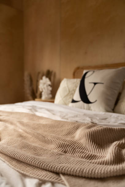 istock Close up ink fluffy bed runner  bed with rattan headboard bed and soft pillow & decoration with  with plywood wall on the background / cozy interior design / copy space 1278895087