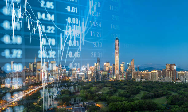 escena nocturna de la ciudad de shenzhen y concepto de bolsa financiera - downtown core fotografías e imágenes de stock