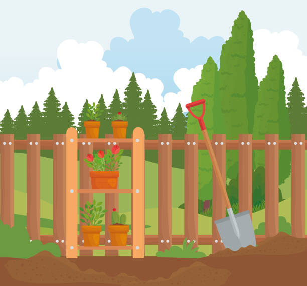 istock Gardening plants pots and shovel on earth vector design 1278896074