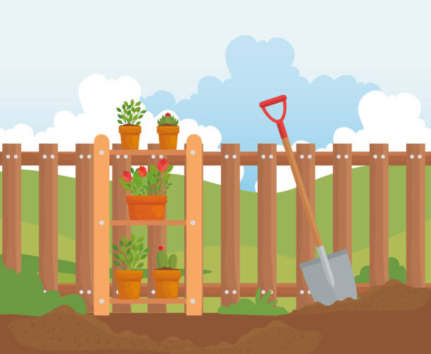 istock Gardening plants pots and shovel on earth vector design 1278896080