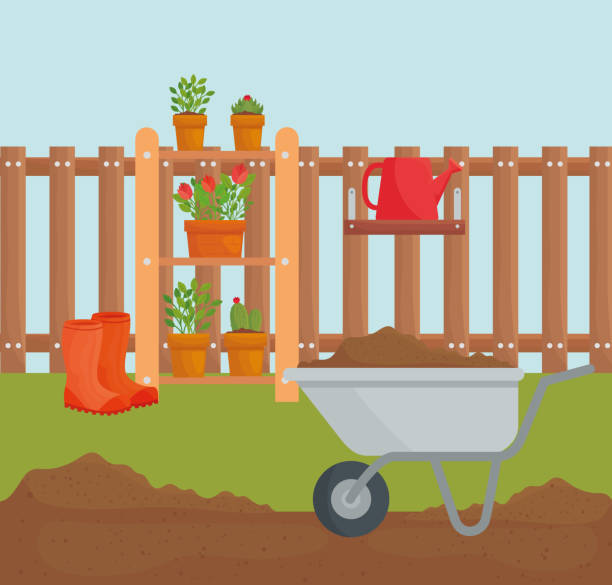 istock Gardening wheelbarrow and plants in pots vector design 1278896189