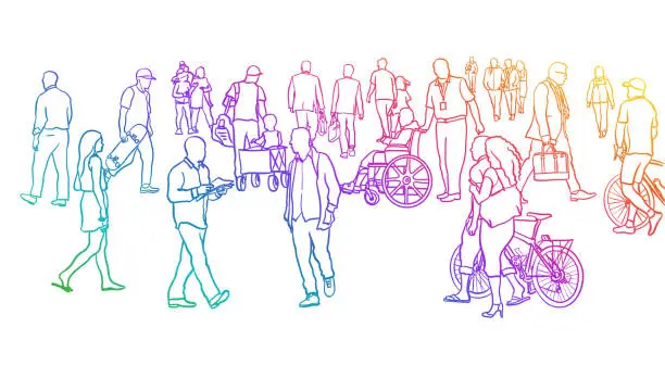 Vector illustration of Very Large Crowd Sketching Rainbow