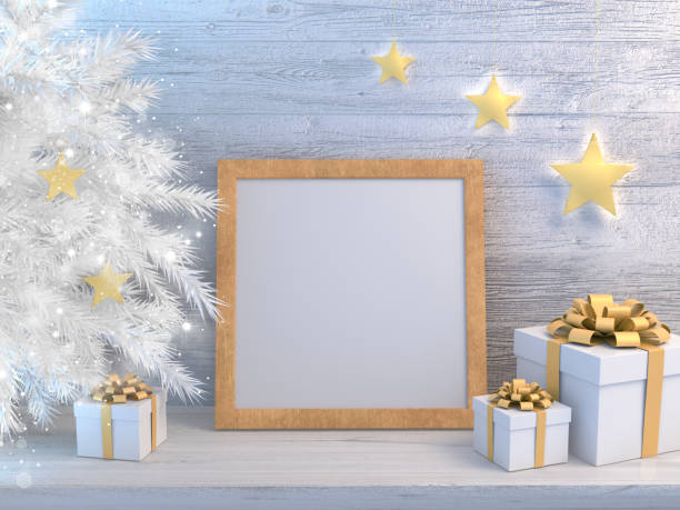 istock Wooden frame on a table against a white wooden wall 1278898816