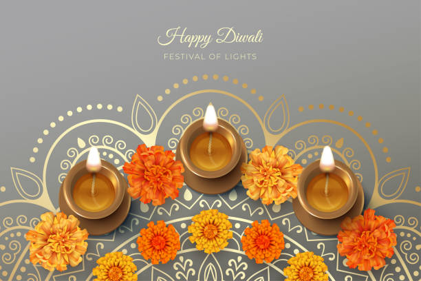 Diwali Festival Background Traditional Diwali festival background with burning diya lamp and marigold flowers. 3D vector illustration deepavali stock illustrations