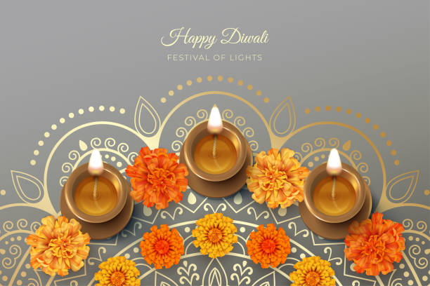 Diwali Festival Background Traditional Diwali festival background with burning diya lamp and marigold flowers. 3D vector illustration flower rangoli stock illustrations