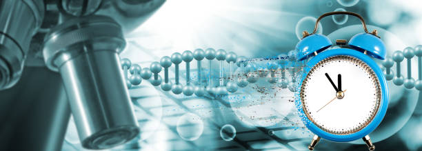 istock Close-up image of a microscope, a clock from which particles detach against the background of stylized DNA chains 1278902368
