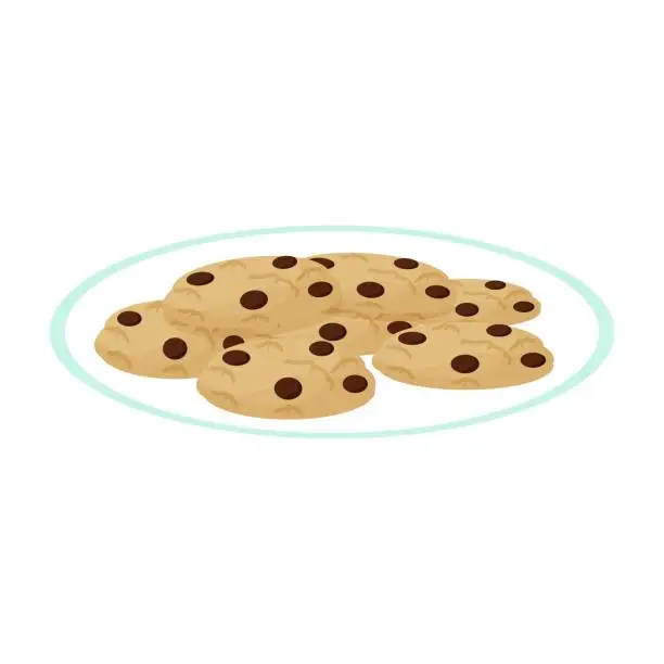 Vector illustration of Plate with delicious cookies isolated on white background. Pastry, home made dessert. Tasty and crispy snacks.