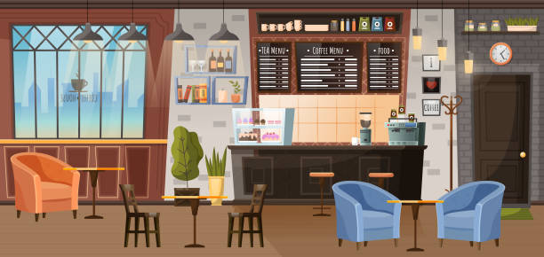 кофейня дизайн интерьера со стульями и столами - coffee shop illustrations stock illustrations
