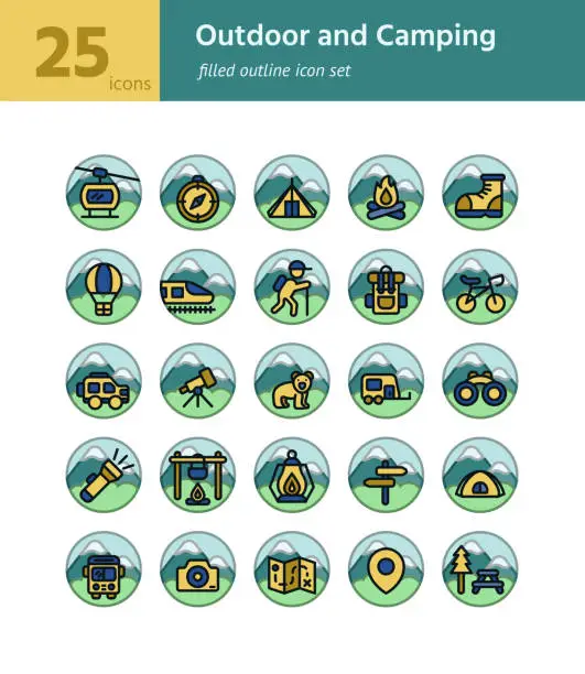 Vector illustration of Outdoor and Camping filled outline icon sel. Vector and Illustration.