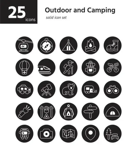 Vector illustration of Outdoor and Camping solid icon sel. Vector and Illustration.