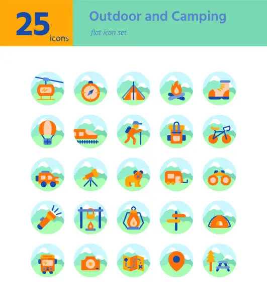 Vector illustration of Outdoor and Camping flat icon sel. Vector and Illustration.