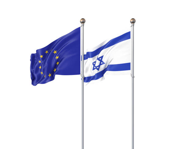 istock Two realistic flags. 3D illustration on white background. European Union vs Israel. Thick colored silky flags of European Union and Israel. 1278911246